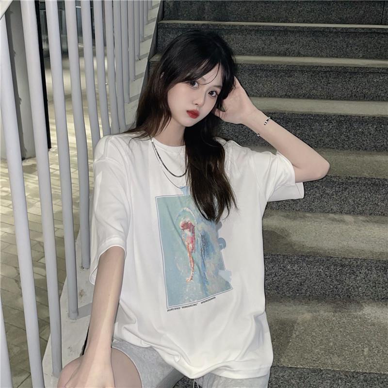 100% cotton 2021 new summer white T-shirt women's short sleeve loose Korean versatile print top