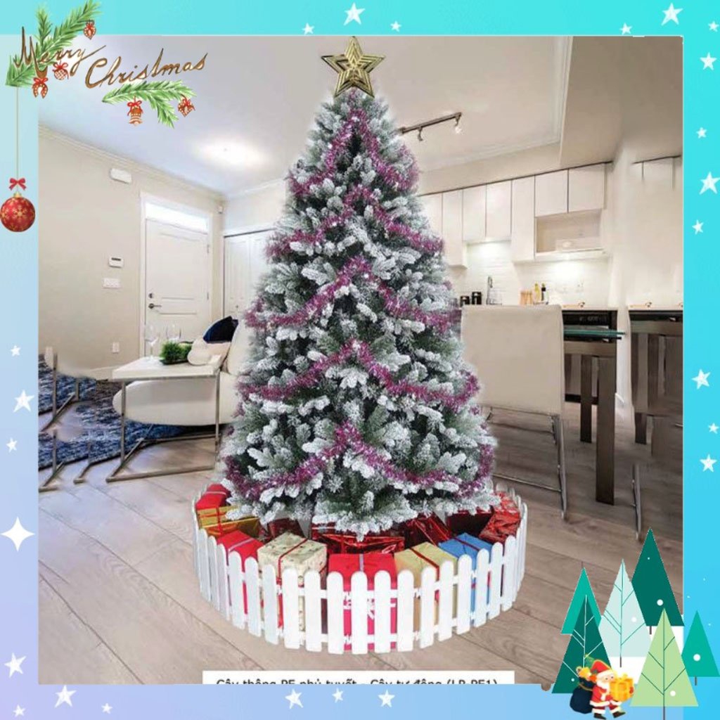 Cây thông noel phủ tuyết 3m, cây thông noel tán lá PE dày xòe cành tự động trang trí giáng sinh trong nhà ngoài trời