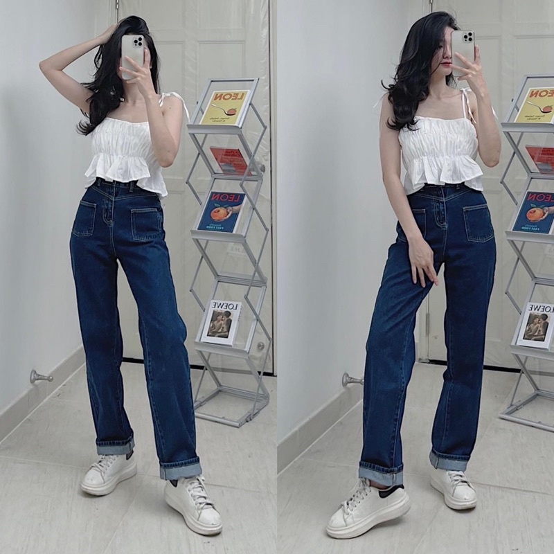 Quần jean bò suông phối 2 túi  lưng cao VNXK jean cotton