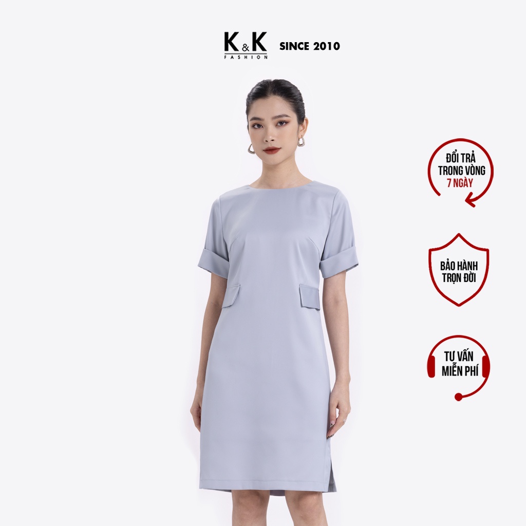 Đầm Suông Phối Túi Cổ Tròn K&K Fashion HL18-25 Tay Ngắn Chất Liệu Lụa 2 Da