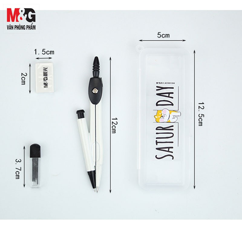 Compa Saturday M&G ACSN1304 chì bấm kèm cuc gôm, hộp ngòi màu Đen có hình mèo