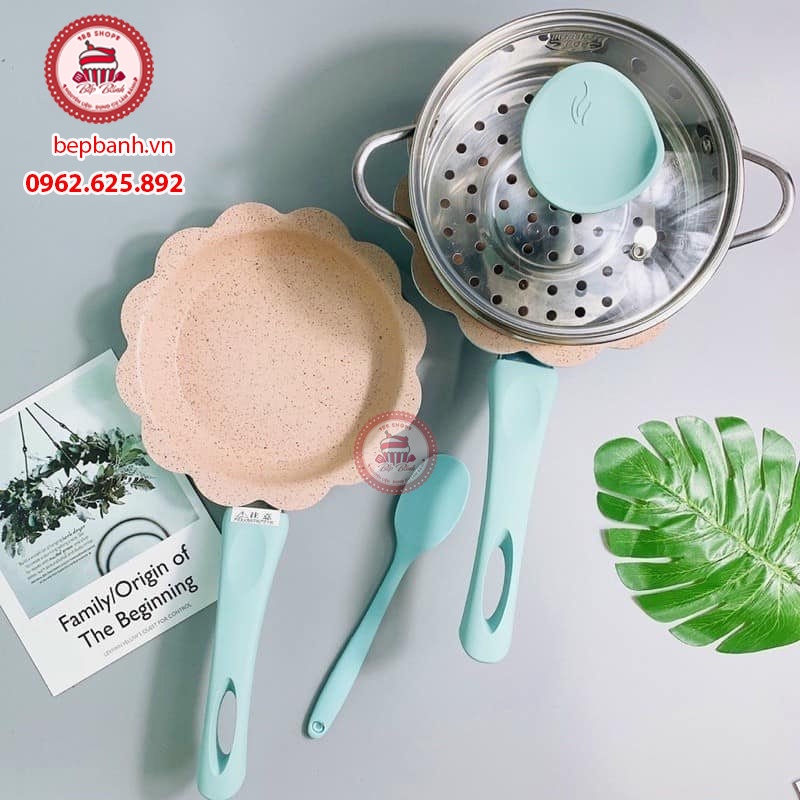 Full bộ nồi chảo đá, kèm xửng hấp hình hoa, chảo chống dính kèm thìa quấy silicon chống dính