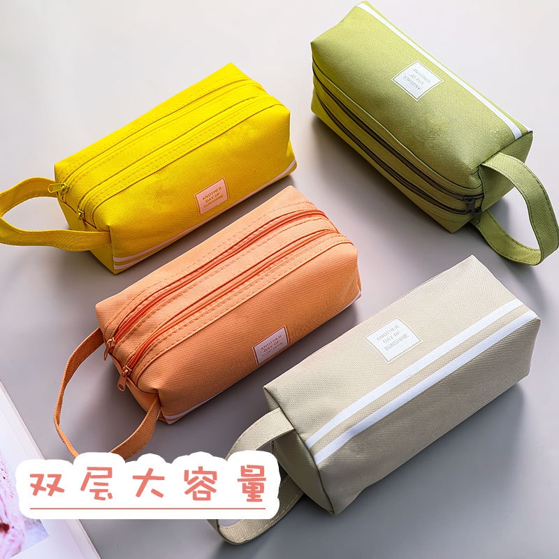 Y&amp;X Túi vải đựng bút viết/ đồ trang điểm thiết kế 2 dây kéo dành cho học sinh