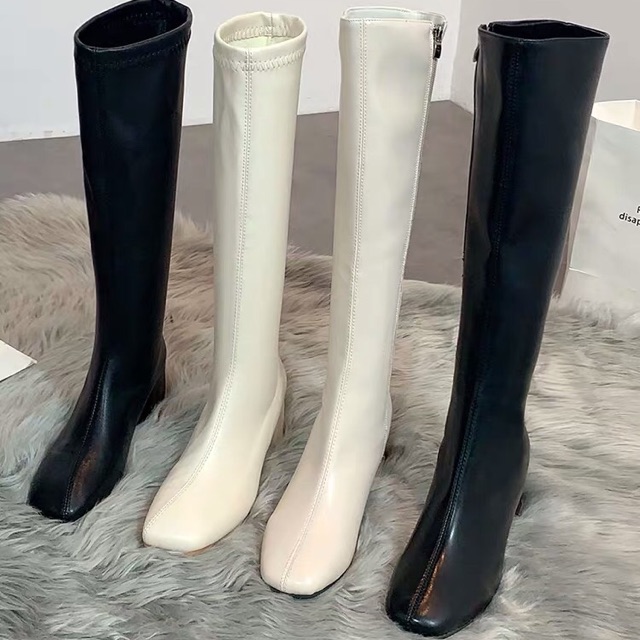 [Sẵn 37] Boots lửng cổ cao dưới gối ôm bắp chân gót vuông cao 6cm / boots đùi nữ da trơn gót vuông