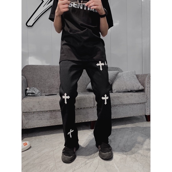 Quần Jeans chữ thập Nam phong cách Hàn Quốc Streetwear cá tính