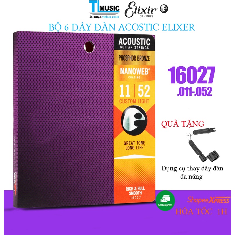 [Chính Hãng] Elixir 16027 (Size 11)Bộ 6 Dây Đàn Guitar Acoustic cao cấp Elixir Phospor Bronze Nanoweb tặng dctd 3 in 1