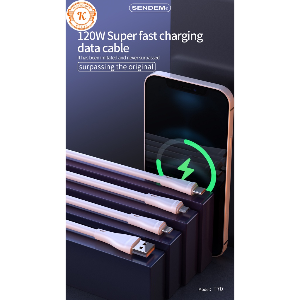 Cáp Dữ Liệu Sạc Siêu Nhanh 120W Super Fast Charging - Hỗ Trợ Sạc Nhanh Cổng Type C - Model T70T - Hàng Chính Hãng Sendem