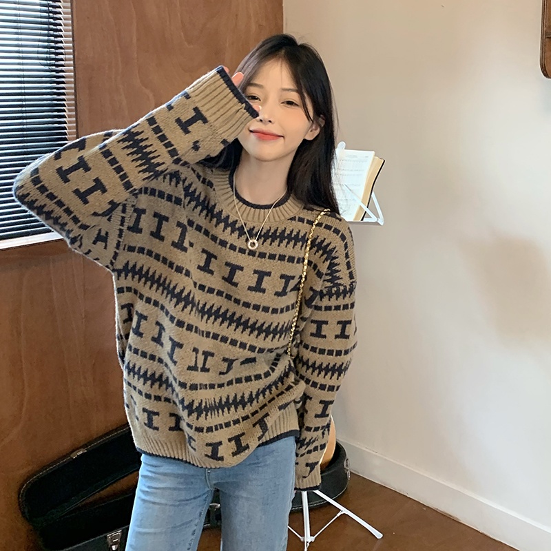 Áo sweater dài tay dáng rộng họa tiết vân kim cương phong cách retro cho nữ