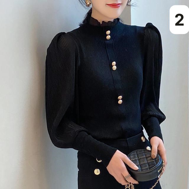 Áo Len Tăm Nâu Cam Cổ 3P Bồng Vai Tay Bo Cúc Mạ Cách Điệu