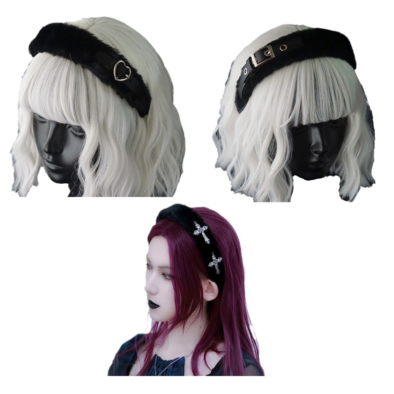 Băng Đô Cài Tóc Bằng Da Phối Lông Phong Cách Gothic