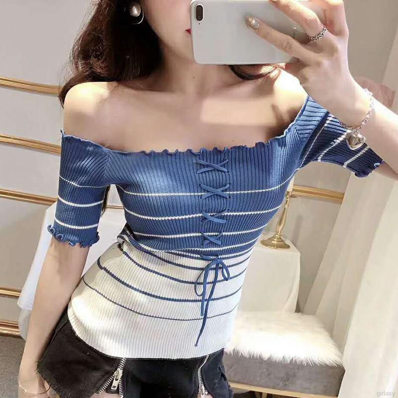 Áo thun cổ trễ vai tay ngắn vải dệt kim phối diềm xếp nếp thời trang Hàn Quốc