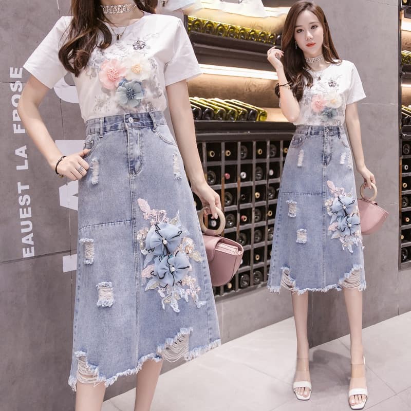 [QC CAO CẤP- SẴN HÀNG] CHÂN VÁY JEAN NỮ LƯNG CAO ĐÍNH HOA VOAN LỤA SANG CHẢNH CHẤT LIỆU DENIM CAO CẤP - CHÂN VÁY NỮ