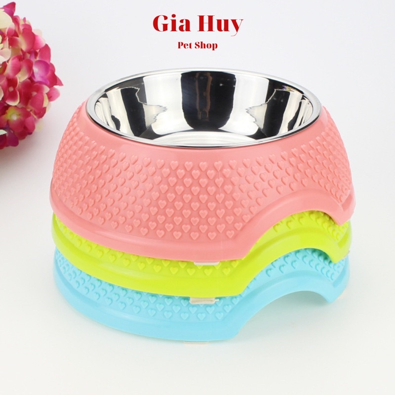 Bát Ăn Cho Chó Mèo Kèm Bát Inox Vân Trái Tim