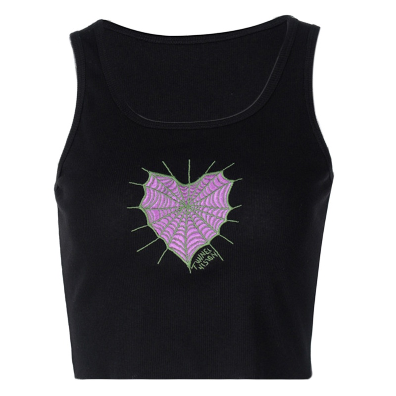 Xiangbao Áo Crop Top Dệt Kim Không Tay Cổ Chữ U Thêu Họa Tiết Trái Tim Da Báo Thời Trang Mùa Hè Dành Cho Nữ