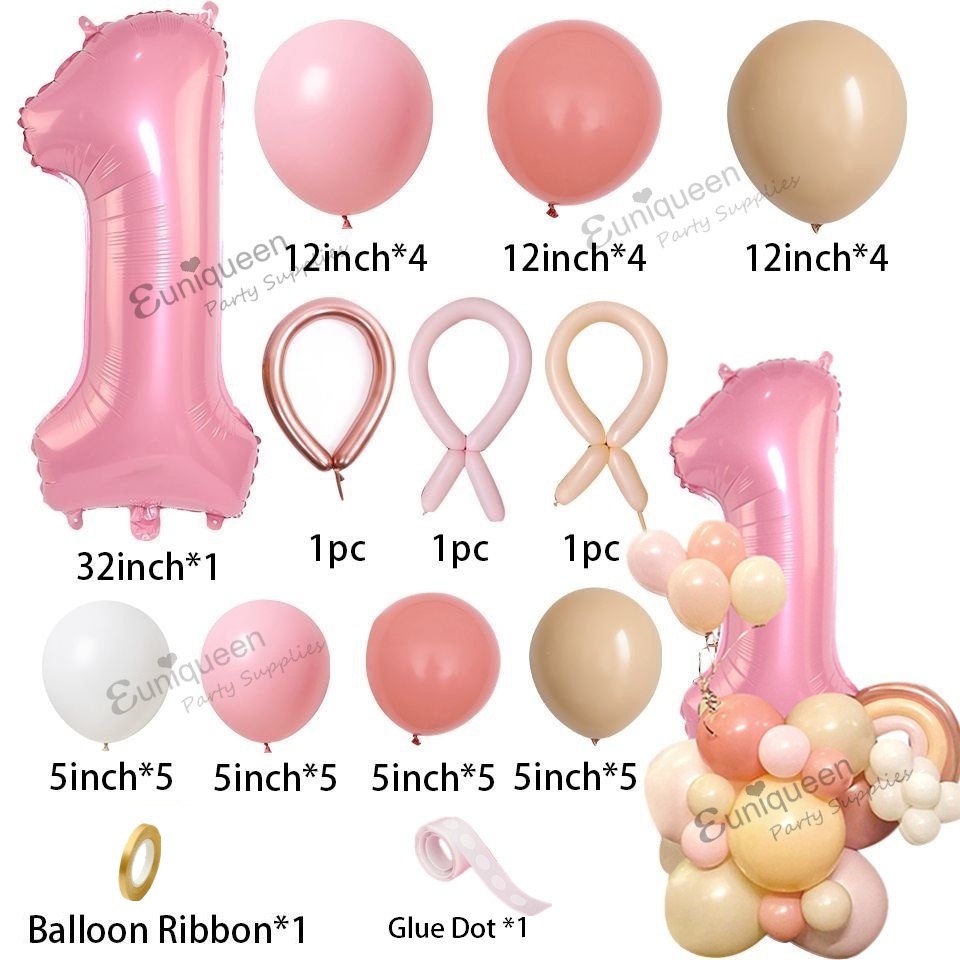 Bộ 38 Bong Bóng Hình Số Màu Hồng Họa Tiết Hoa Phong Cách Boho Bohemian Kèm 1/2/3/4/5/6/7/8/9 Cho Trang Trí Tiệc
