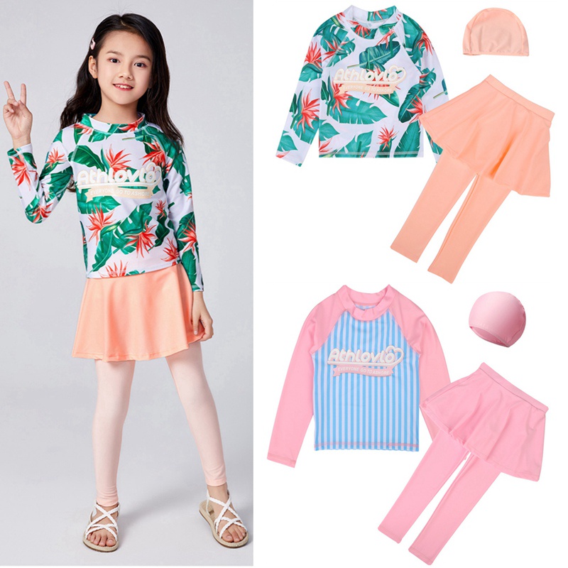 Bộ đồ bơi hoa bé gái 2-13 tuổi Đồ bơi dài tay cho trẻ em Đồ bơi chống nắng có mũ