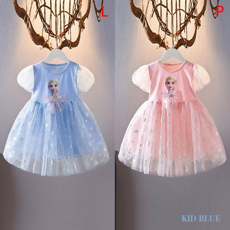 Váy Lưới Thắt Nơ In Hình Hoa Tuyết Elsa Cho Bé Gái