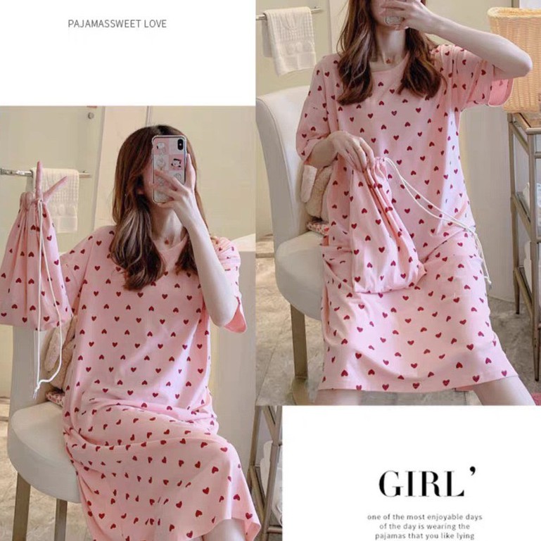 Váy ngủ cotton hoạt hình cute dễ thương mặc nhà mùa hè mỏng nhẹ thoáng mát dáng rộng DOLLYSECRET V08 [TẶNG KÈM TÚI VẢI]