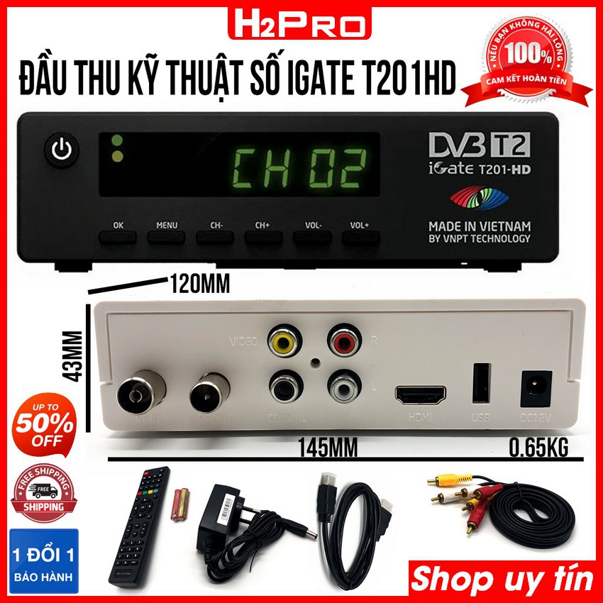 Đầu thu DVB-T2 iGate T201HD VNPT H2Pro chính hãng, đầu thu kỹ thuật số mặt đất giá rẻ (tặng dây HDMI 1M 30k)