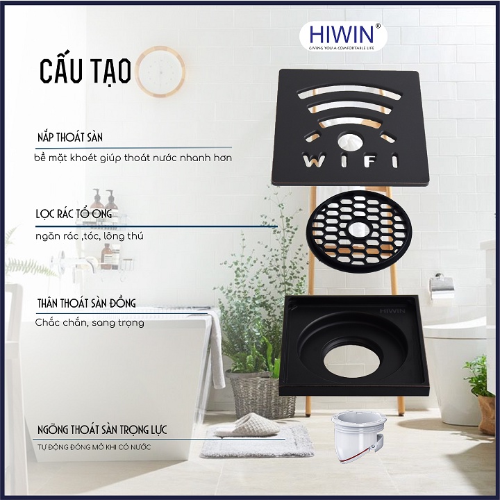 Phễu thoát sàn ngăn mùi hôi thoát nước nhanh đồng mạ đen kích thước 100x100mm HIWIN FD-1418B