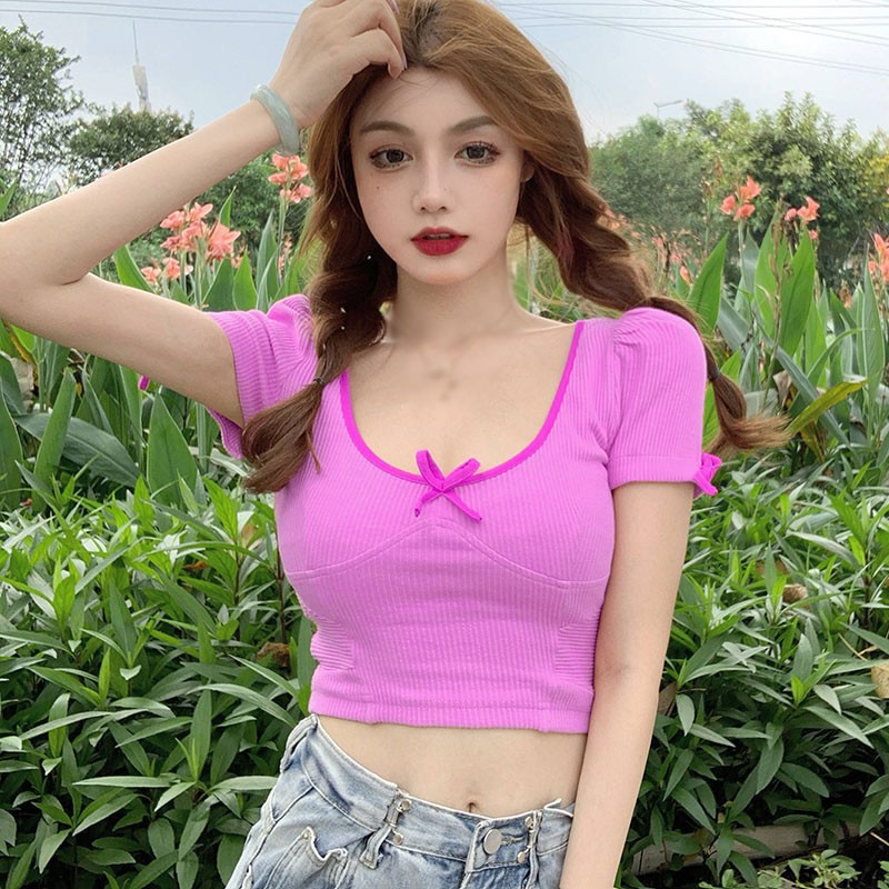 Áo Thun Tay Ngắn Cổ Chữ U Dáng Ôm Quyến Rũ Dành Cho Nữ