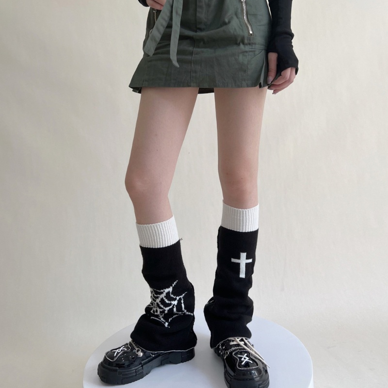 Xiangbao Vớ Dệt Kim Dài Rộng Giữ Ấm Chân Mùa Thu In Họa Tiết Chéo Web Harajuku Cho Nữ