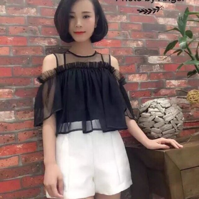 Áo baby doll voan lưới khoét vai dễ thương