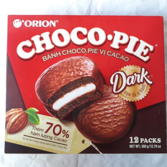 Bánh Chocopie Orion Dark 360g vị cacao hộp 12 Cái - choco pie nhân marshmallow ăn vặt buổi chiều hộp quà bánh tết