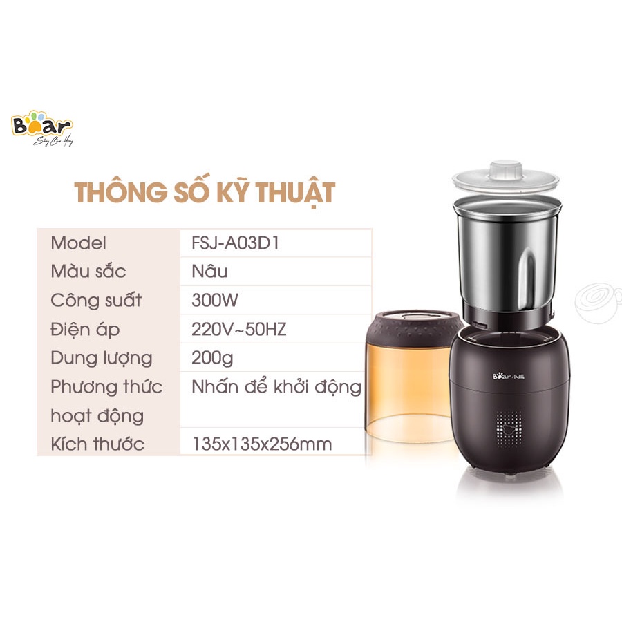 Máy Xay Bột Gạo - Hạt Cà Phê - Tiêu - Ngũ Cốc Đa Năng Mini Dùng Cho Gia Đình_Chính Hãng Bear FSJ-A03D1S, BH 12 tháng