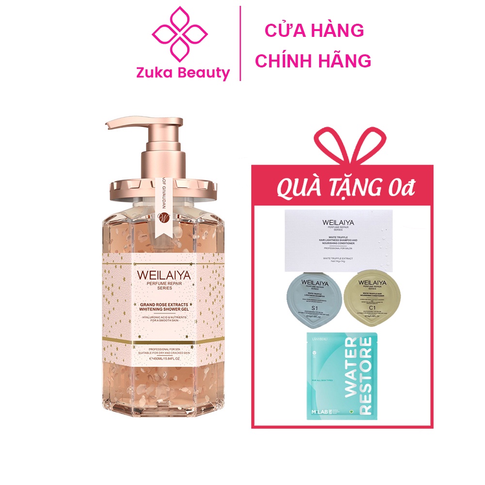 Sữa tắm Weilaiya cánh hoa hồng dưỡng trắng da Damask Weilaiya Grand Rose Extracts Whitening Shower Gel 450ml Zuka Beauty