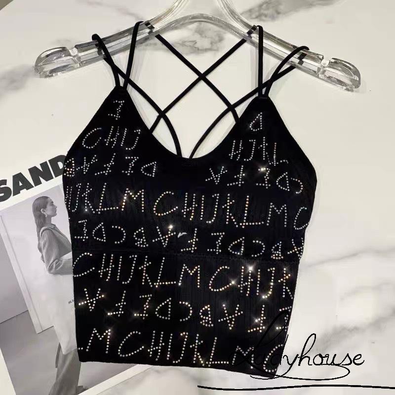 Áo Hai Dây Ôm Dáng In Chữ Đính Đá Có Đệm Ngực Gợi Cảm Cho Nữ