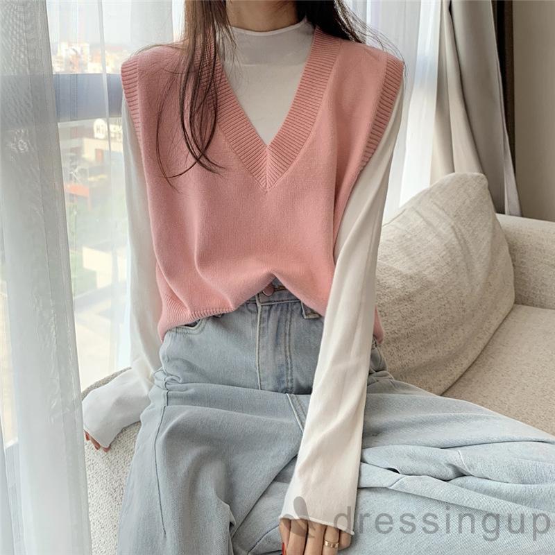 Áo dệt kim không tay cổ chữ V màu trơn thời trang đơn giản cho nữ | BigBuy360 - bigbuy360.vn