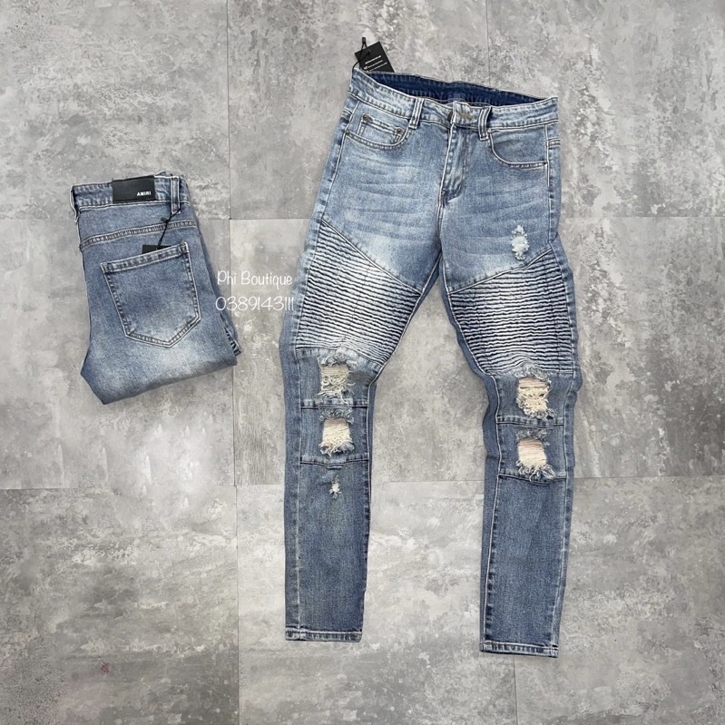 Quần Jean Bò Nam Vải Nhăn Đùi Pha Rách Gối Cao Cấp QJ71P