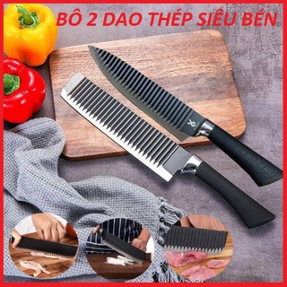 [Bộ 2 dao] Dao Thái Nhật Lưỡi Gợn Sóng Bằng Thép Không Gỉ Cao Cấp màu đen loại 1
