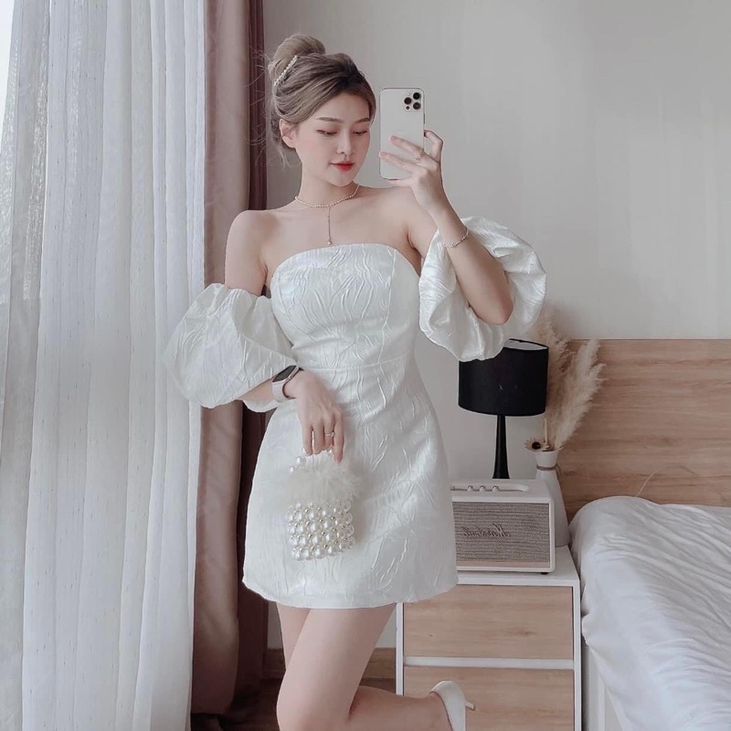 Đầm gấm Ni Na Lê tay bồng hoạ tiết hoa hồng