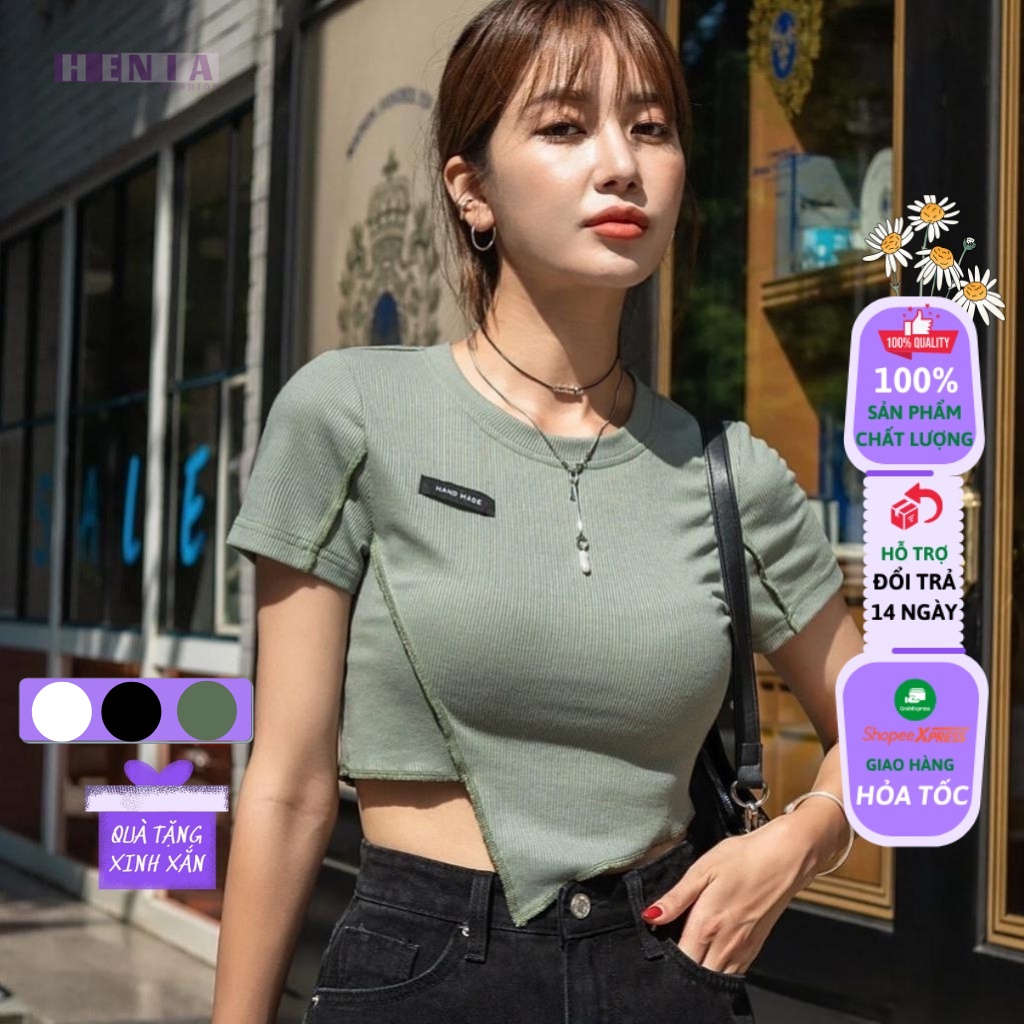Áo Croptop Ngắn Tay Bất Đối Xứng Henia - Áo Thun Kiểu Nữ Chất Thun Gân Chéo Tà Tôn Eo Siêu Xinh