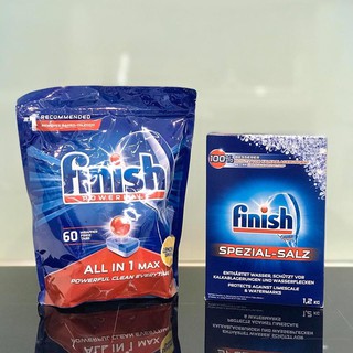 Combo Viên Rửa Bát Finish 60 viên All In One Max + Muối Finish 1,2kg