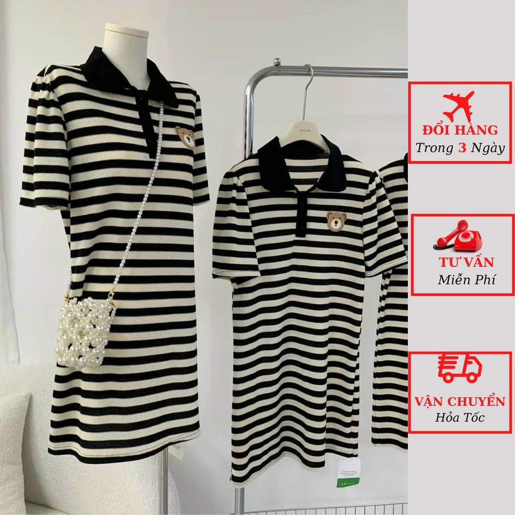 Váy polo len nữ kẻ ngang đen trắng họa tiết gấu dáng ôm body tiểu thư bánh bèo thể thao ulzzang Hàn Quốc