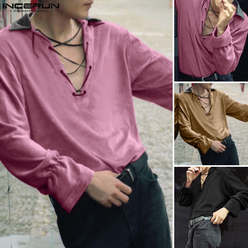 Áo thun INCERUN dài tay cổ chữ V thắt dây cho nam