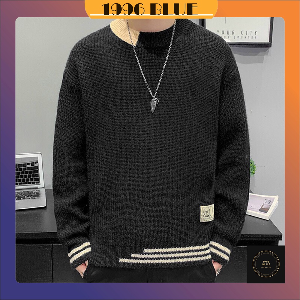 Áo len nam cao cấp tay vá gấu cá tính, Áo len nam phối màu trẻ trung thời trang hàn quốc -1996 BLUE