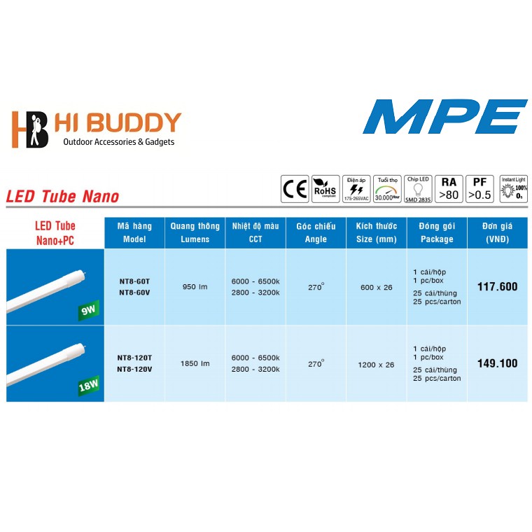 Bóng đèn led Tube T8 Nano MPE 1M2 18W - Mua nhiều giảm nhiều