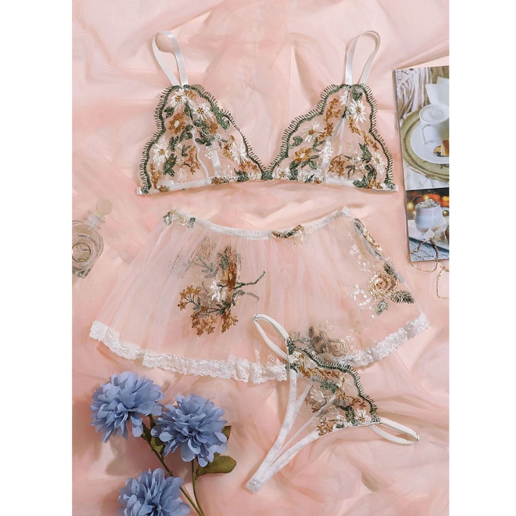 Set đồ lót vải ren xuyên thấu thêu họa tiết thời trang quyến rũ cho nữ | BigBuy360 - bigbuy360.vn