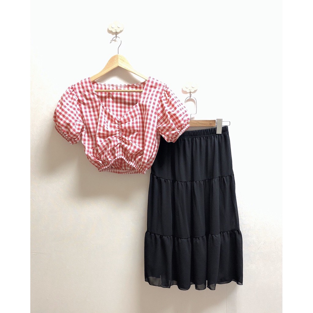 Set xinh áo carro nhúm ngực chân váy voan 3 tầng ảnh thật