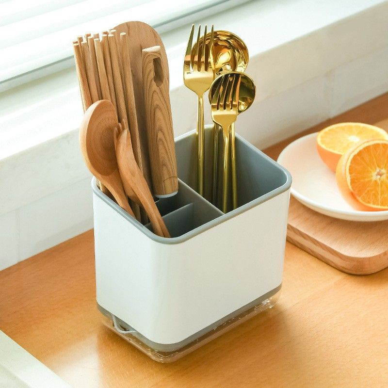 Ống cắm đũa, Hộp cắm đũa 3 ngăn có khay thoát nước kiểu dáng Hàn Quốc -D2