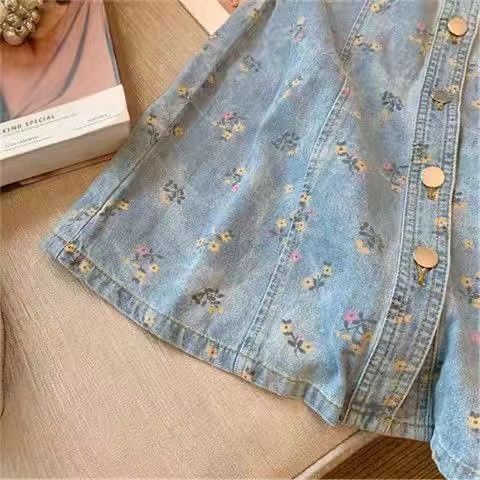 Đầm denim Tay Phồng Cổ Bẻ Họa Tiết Hoa Thời Trang Hàn Quốc Cho Nữ