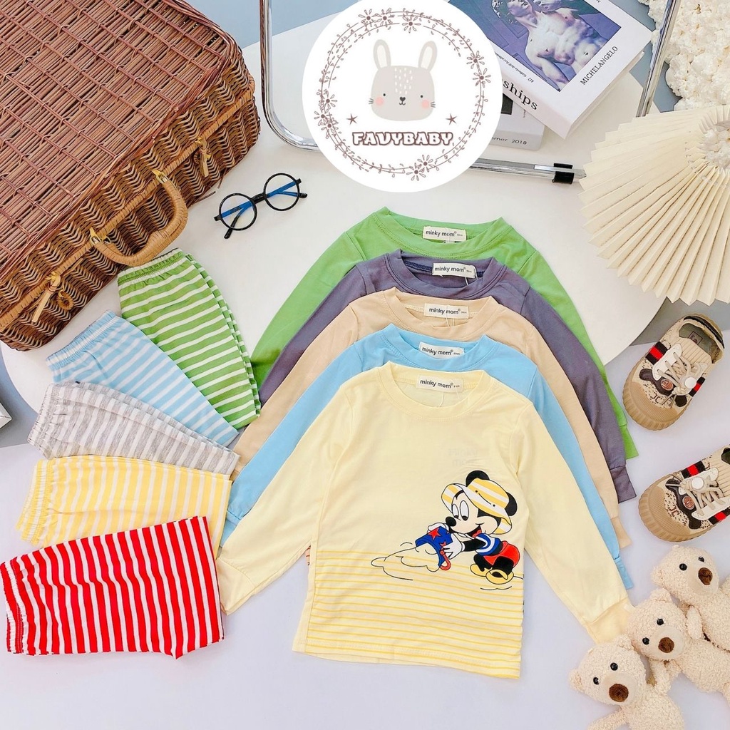 Bộ Dài Tay MINKY MOM Chính Hãng Bé Trai Bé Gái Thun Lạnh Sọc Quần Dệt Hình Gấu Dory Gà Con Khủng Long Mickey-Favybaby