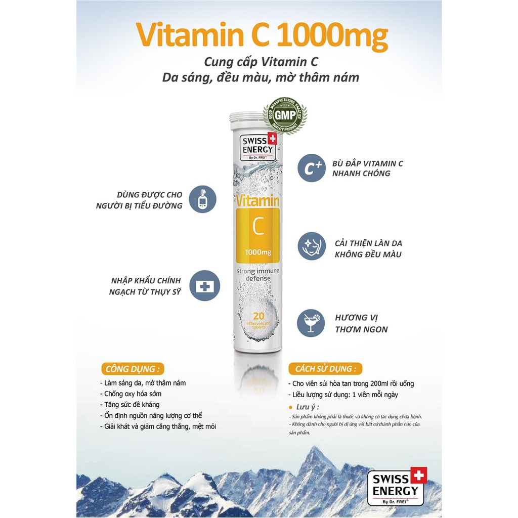 Viên sủi bổ sung vitamin C tăng cường sức đề kháng Swiss Energy Vitamin C 1000mg (Tuýp 20 viên) Thụy Sĩ <0305627>