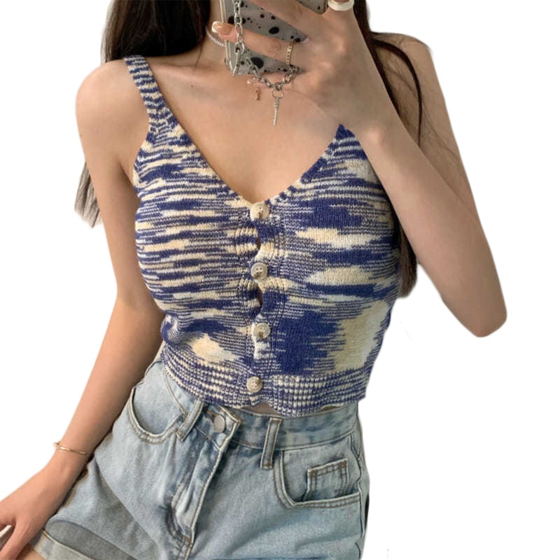 Áo Croptop Dệt Kim Không Tay Cổ Chữ V Họa Tiết Kẻ Sọc Nhiều Màu Sắc Phong Cách Vintage