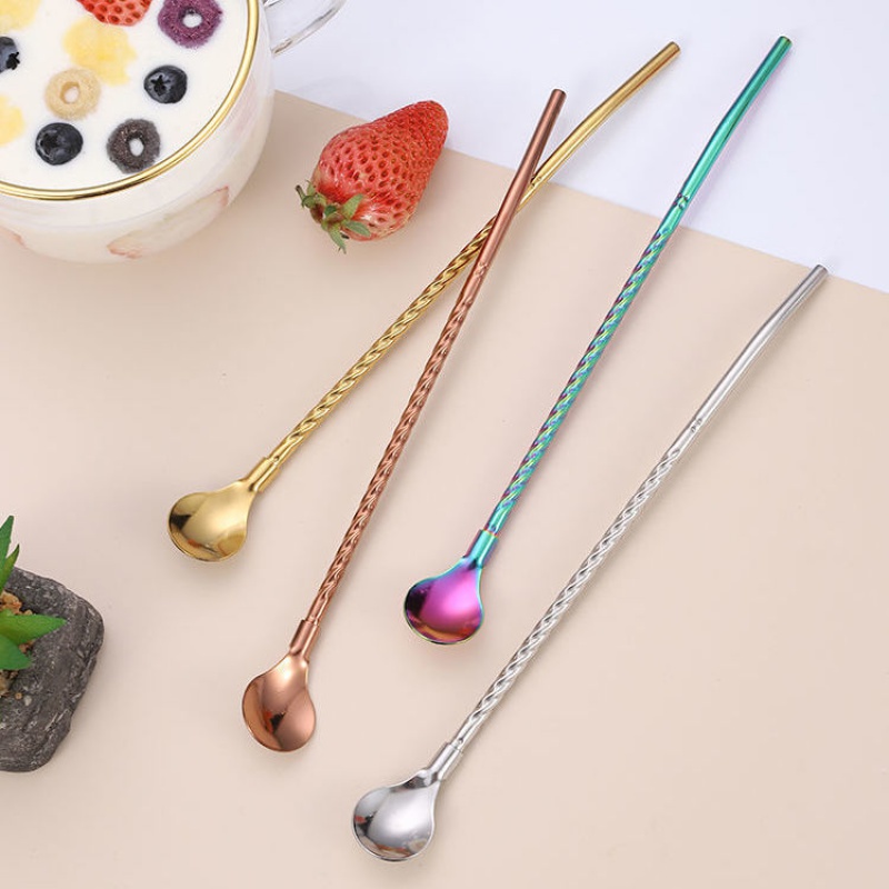 Muỗng ống hút khuấy đồ uống tay cầm dài 21.5cm có ren bằng thép không gỉ sáng tạo tiện lợi