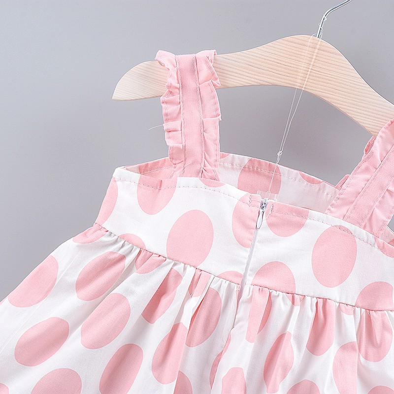 Babyme Summer Baby Girls Strap Dot Pattern Casual Cotton Dress Kids Toddler Princess Sundress